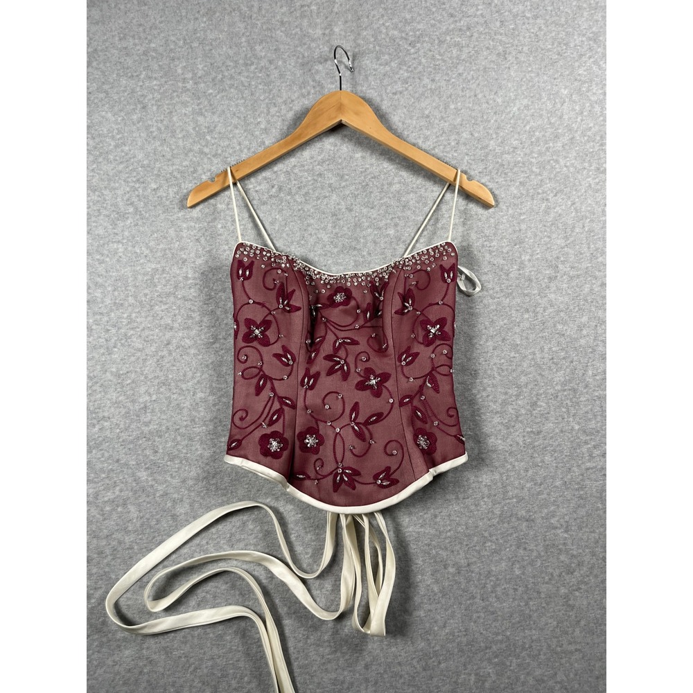 VTG Corset Women 6 Burgundy Beaded Ren Faire Romantic Feminine Princess Medieval